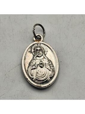 Sacred Heart Jesus Immaculate Mary Catholic Medal Pendant Silver Tone Charm Oval